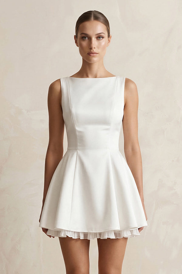 Straight Neck Satin Ruffled Mini Wedding Dress in White - KissProm Wedding Dresses