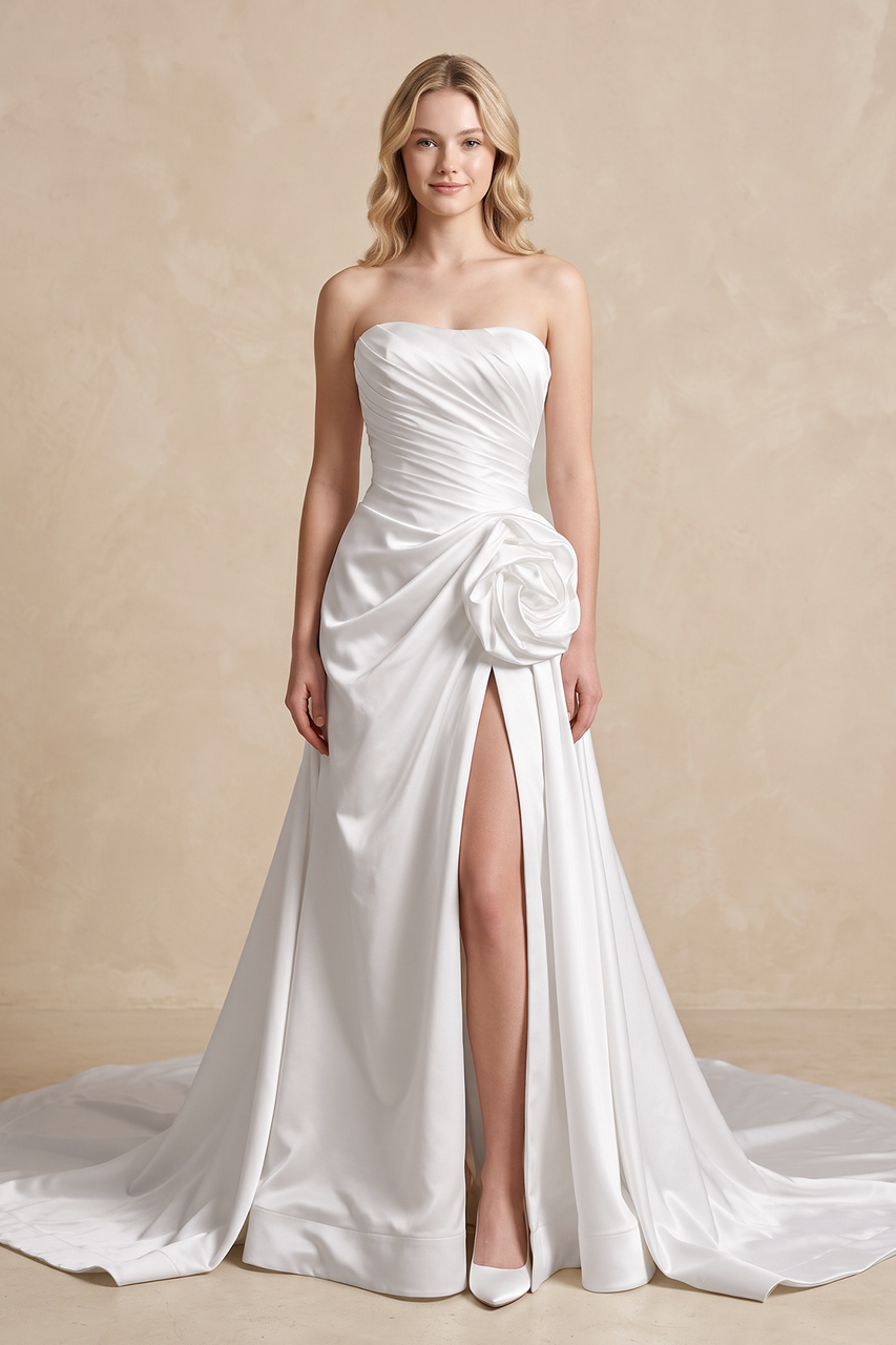 Strapless 3D - Flower Ruched 3D - Flower Wedding Dress With Slit - KissProm Wedding Dresses