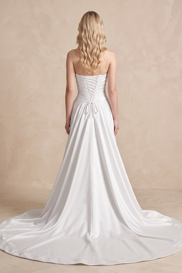 Strapless 3D - Flower Ruched 3D - Flower Wedding Dress With Slit - KissProm Wedding Dresses