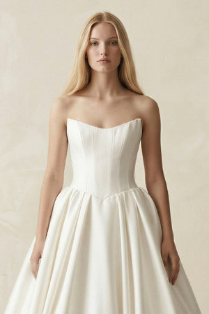 Strapless A - Line Ball Gown Satin Corset Wedding Dress in Ivory - KissProm Wedding Dresses