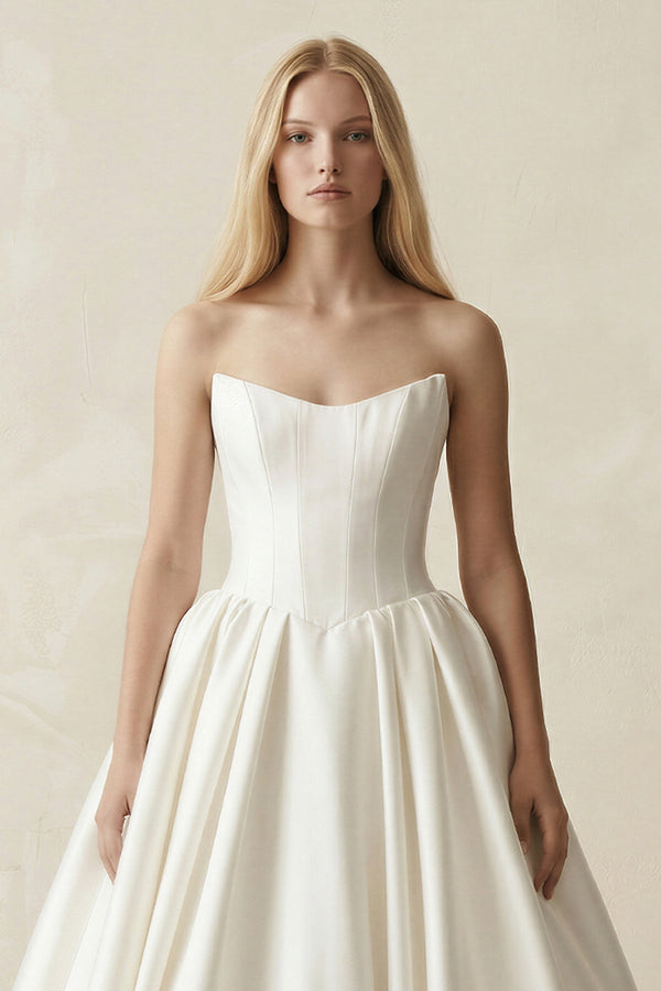 Strapless A - Line Ball Gown Satin Corset Wedding Dress in Ivory - KissProm Wedding Dresses
