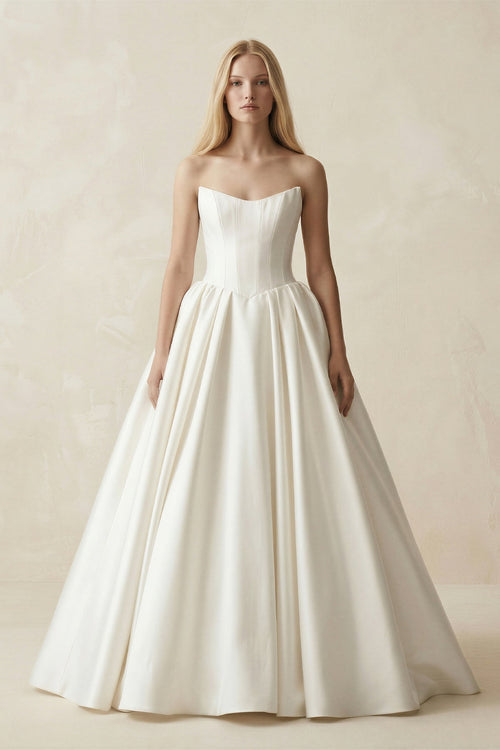 Strapless A - Line Ball Gown Satin Corset Wedding Dress in Ivory - KissProm Wedding Dresses