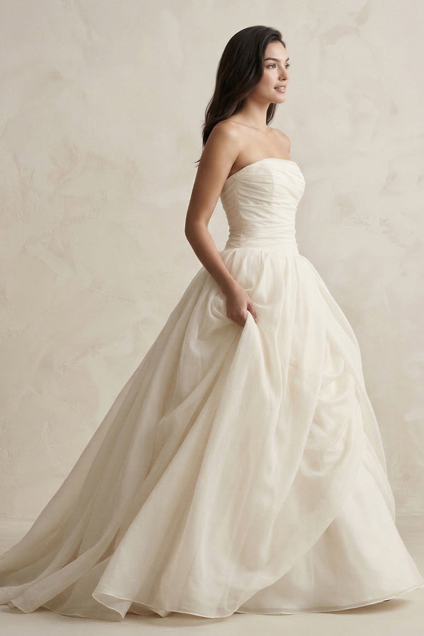 Strapless A - Line Ball - Gown Tulle Ruched Wedding Dress in Ivory - KissProm Wedding Dresses