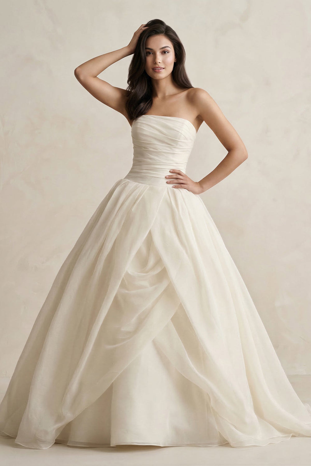 Strapless A - Line Ball - Gown Tulle Ruched Wedding Dress in Ivory - KissProm Wedding Dresses