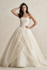 Strapless A - Line Ball - Gown Tulle Ruched Wedding Dress in Ivory - KissProm Wedding Dresses
