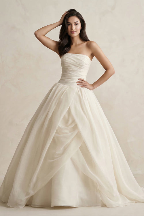 Strapless A - Line Ball - Gown Tulle Ruched Wedding Dress in Ivory - KissProm Wedding Dresses