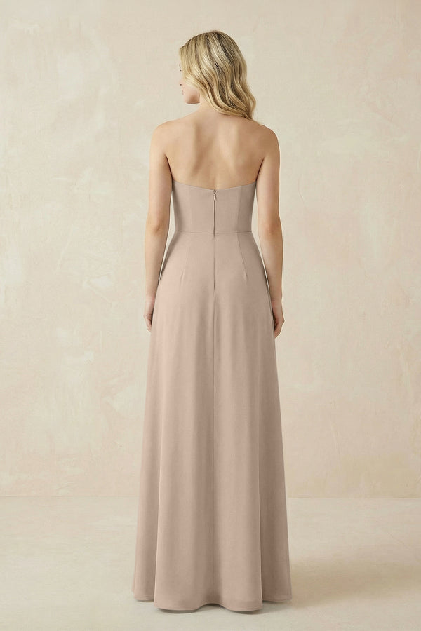 Strapless A - Line Chiffon Bridesmaid Dress With Slit in Almond - KissProm Bridesmaid Dresses
