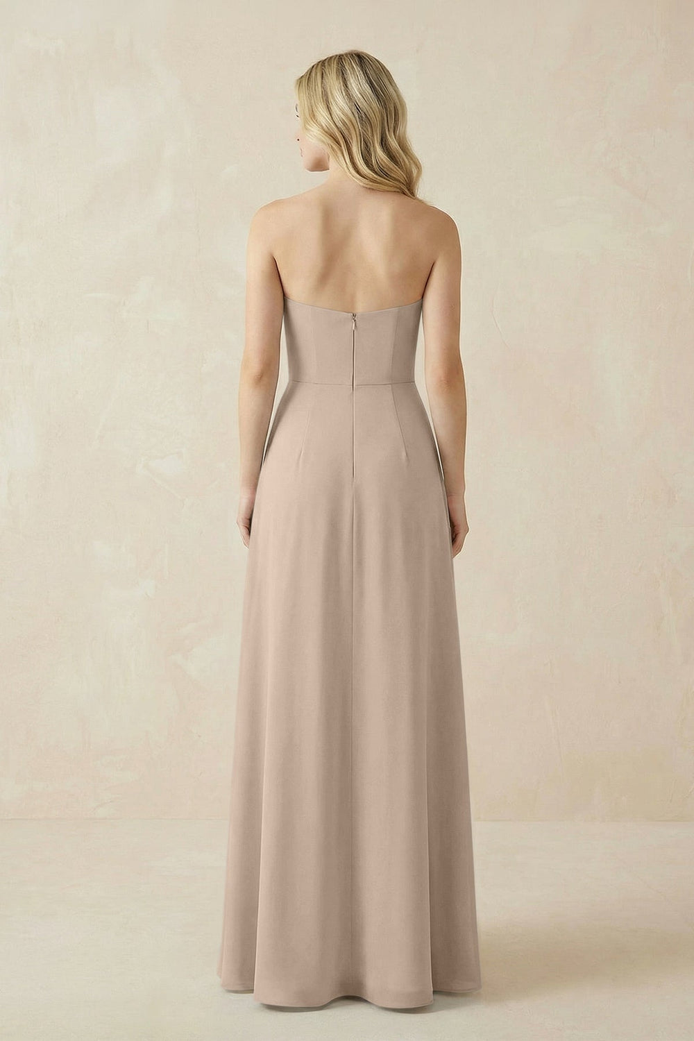 Strapless A - Line Chiffon Bridesmaid Dress With Slit in Almond - KissProm Bridesmaid Dresses