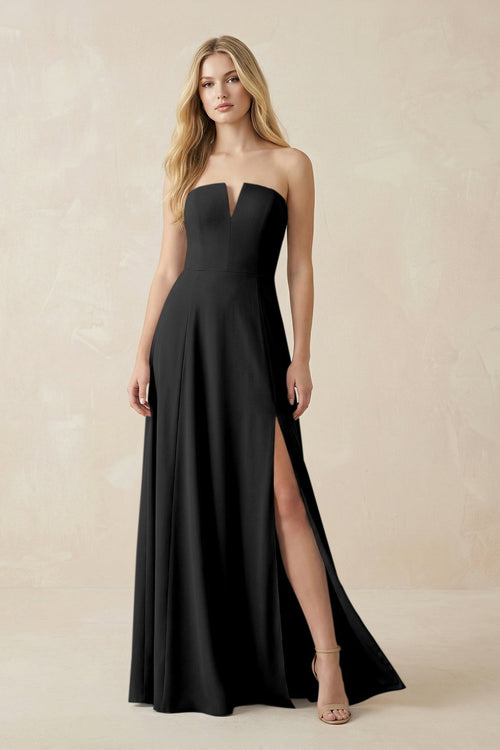 Strapless A - Line Chiffon Bridesmaid Dress With Slit in Black - KissProm Bridesmaid Dresses