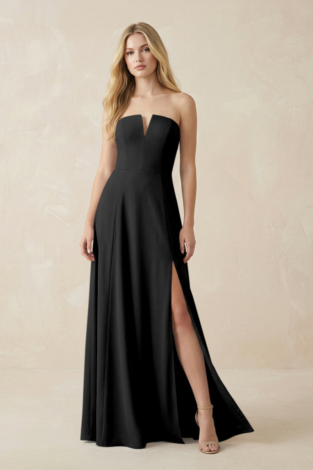 Strapless A - Line Chiffon Bridesmaid Dress With Slit in Black - KissProm Bridesmaid Dresses