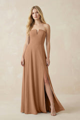 Strapless A - Line Chiffon Bridesmaid Dress With Slit in Bronzer - KissProm Bridesmaid Dresses