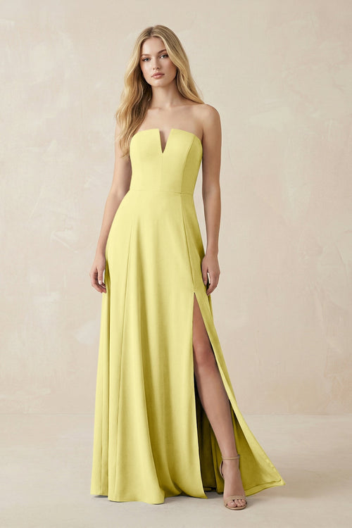 Strapless A - Line Chiffon Bridesmaid Dress With Slit in Buttercup - KissProm Bridesmaid Dresses