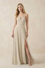 Strapless A - Line Chiffon Bridesmaid Dress With Slit in Champagne - KissProm Bridesmaid Dresses