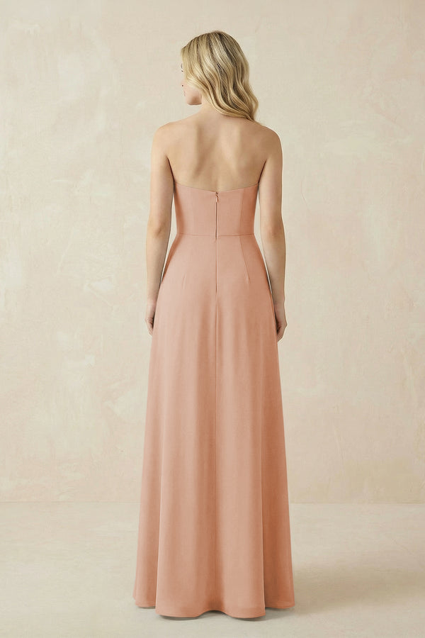 Strapless A - Line Chiffon Bridesmaid Dress With Slit in Champagne Rose - KissProm Bridesmaid Dresses