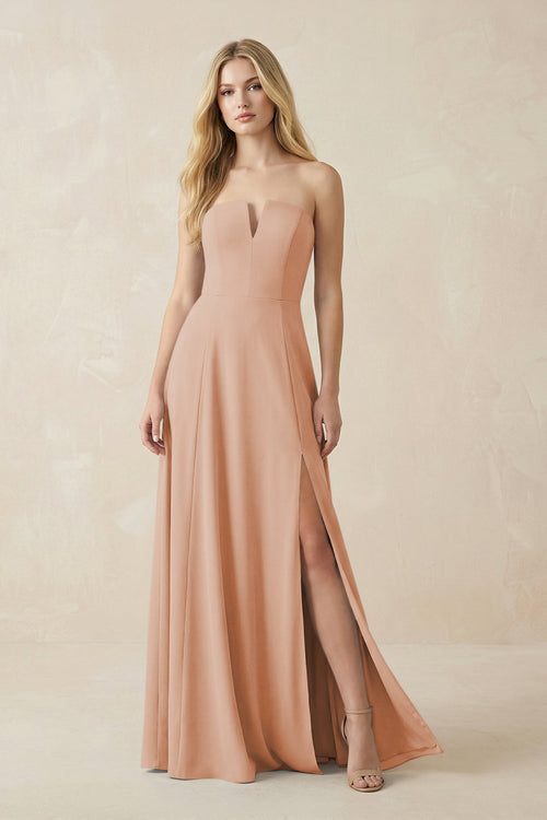 Strapless A - Line Chiffon Bridesmaid Dress With Slit in Champagne Rose - KissProm Bridesmaid Dresses