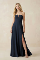 Strapless A - Line Chiffon Bridesmaid Dress With Slit in Dark Navy - KissProm Bridesmaid Dresses
