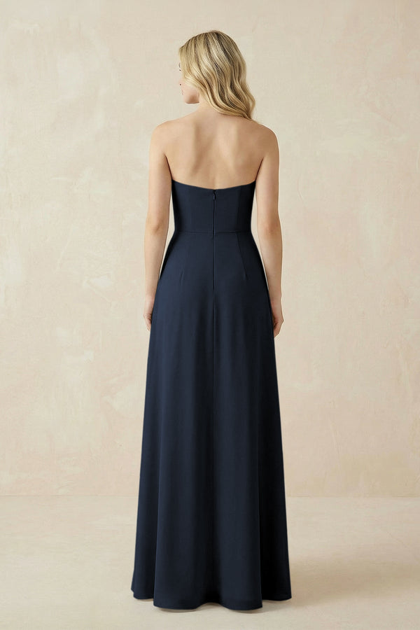 Strapless A - Line Chiffon Bridesmaid Dress With Slit in Dark Navy - KissProm Bridesmaid Dresses