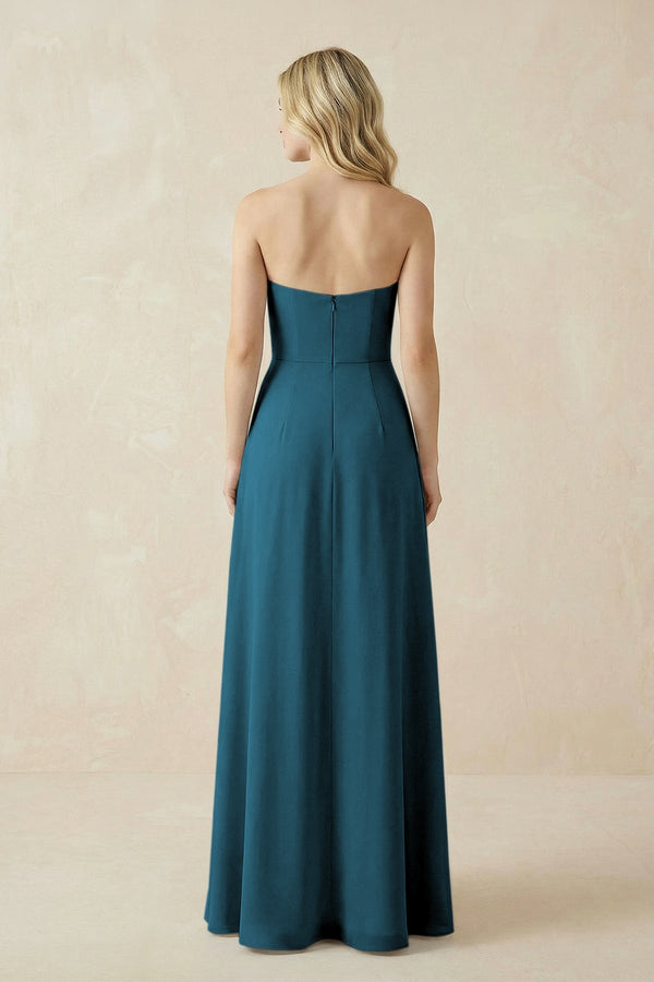 Strapless A - Line Chiffon Bridesmaid Dress With Slit in Dark Teal - KissProm Bridesmaid Dresses