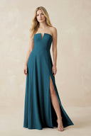 Strapless A - Line Chiffon Bridesmaid Dress With Slit in Dark Teal - KissProm Bridesmaid Dresses