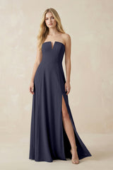 Strapless A - Line Chiffon Bridesmaid Dress With Slit in Dusk Blue - KissProm Bridesmaid Dresses