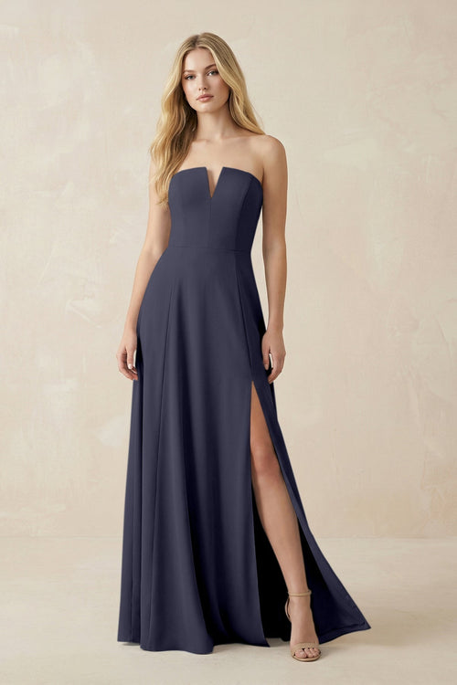 Strapless A - Line Chiffon Bridesmaid Dress With Slit in Dusk Blue - KissProm Bridesmaid Dresses