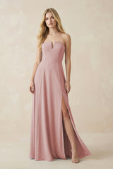 Strapless A - Line Chiffon Bridesmaid Dress With Slit in Dusty Rose - KissProm Bridesmaid Dresses