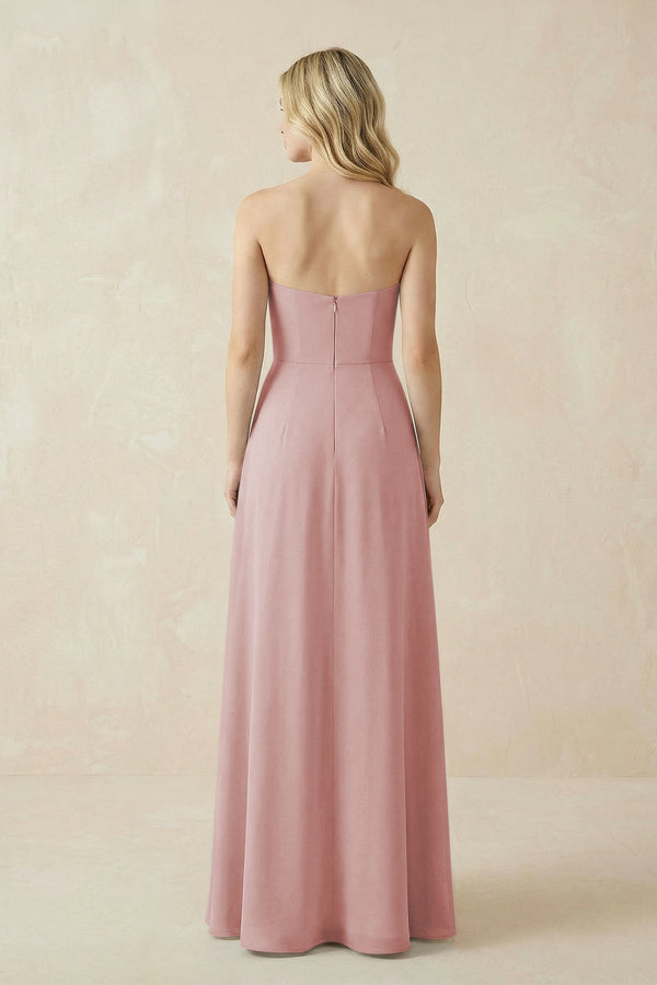 Strapless A - Line Chiffon Bridesmaid Dress With Slit in Dusty Rose - KissProm Bridesmaid Dresses