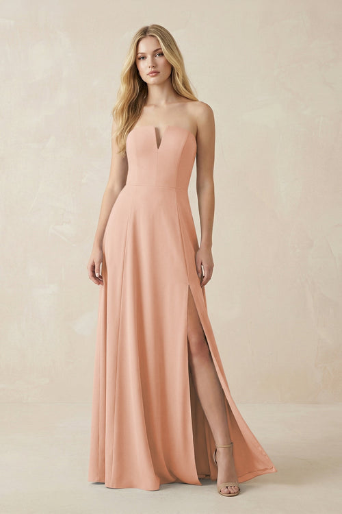 Strapless A - Line Chiffon Bridesmaid Dress With Slit in English Rose - KissProm Bridesmaid Dresses