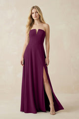 Strapless A - Line Chiffon Bridesmaid Dress With Slit in Fig - KissProm Bridesmaid Dresses
