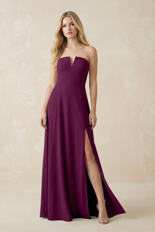 Strapless A - Line Chiffon Bridesmaid Dress With Slit in Fig - KissProm Bridesmaid Dresses