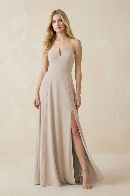 Strapless A - Line Chiffon Bridesmaid Dress With Slit in Frost - KissProm Bridesmaid Dresses