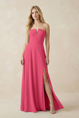 Strapless A - Line Chiffon Bridesmaid Dress With Slit in Fuchsia - KissProm Bridesmaid Dresses