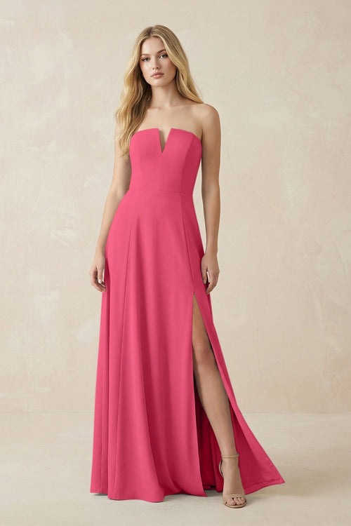 Strapless A - Line Chiffon Bridesmaid Dress With Slit in Fuchsia - KissProm Bridesmaid Dresses