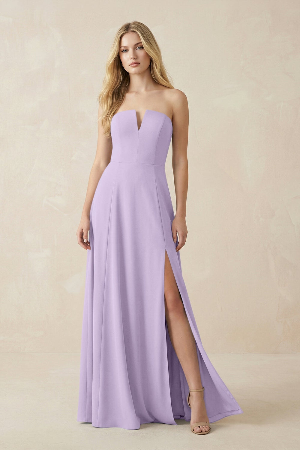Strapless A - Line Chiffon Bridesmaid Dress With Slit in Lavender - KissProm Bridesmaid Dresses