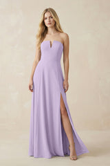 Strapless A - Line Chiffon Bridesmaid Dress With Slit in Lavender - KissProm Bridesmaid Dresses