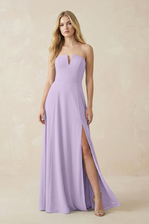 Strapless A - Line Chiffon Bridesmaid Dress With Slit in Lavender - KissProm Bridesmaid Dresses