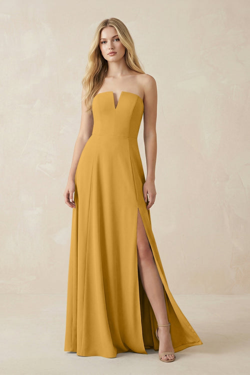 Strapless A - Line Chiffon Bridesmaid Dress With Slit in Marigold - KissProm Bridesmaid Dresses