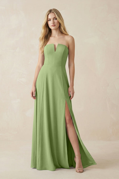 Strapless A - Line Chiffon Bridesmaid Dress With Slit in Matcha - KissProm Bridesmaid Dresses