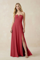 Strapless A - Line Chiffon Bridesmaid Dress With Slit in Merlot - KissProm Bridesmaid Dresses