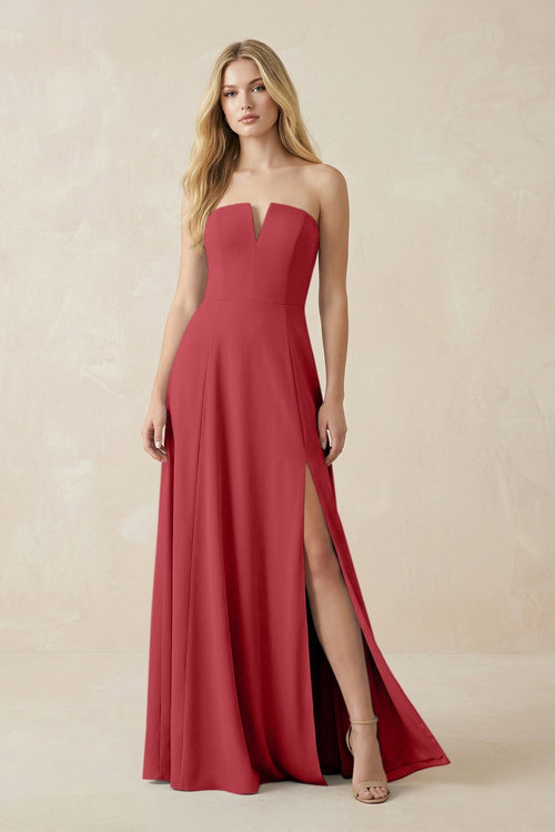 Strapless A - Line Chiffon Bridesmaid Dress With Slit in Merlot - KissProm Bridesmaid Dresses