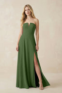 Strapless A - Line Chiffon Bridesmaid Dress With Slit in Moss - KissProm Bridesmaid Dresses