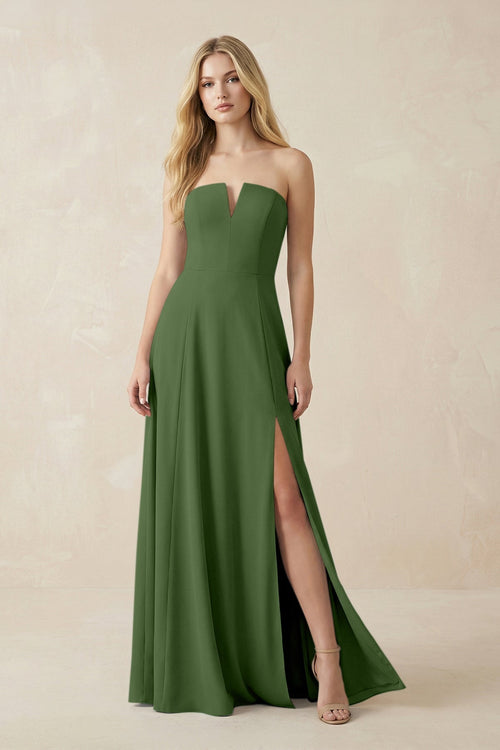 Strapless A - Line Chiffon Bridesmaid Dress With Slit in Moss - KissProm Bridesmaid Dresses