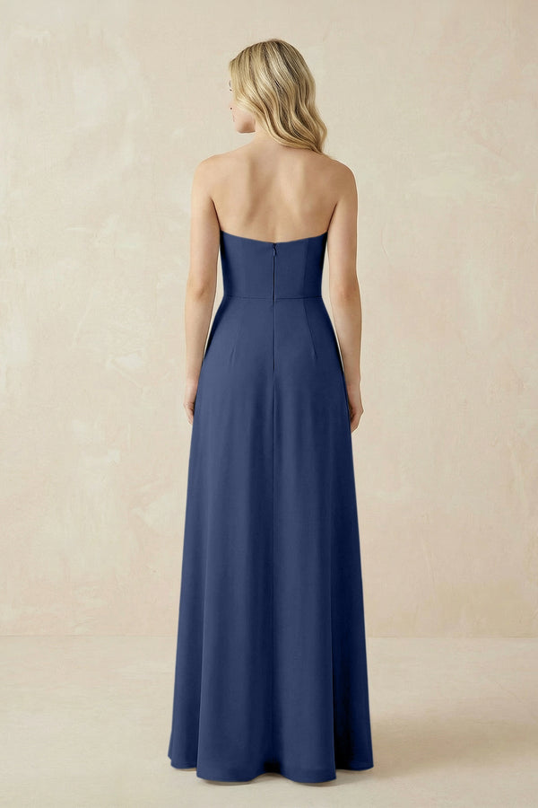 Strapless A - Line Chiffon Bridesmaid Dress With Slit in Navy - KissProm Bridesmaid Dresses