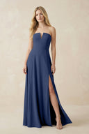 Strapless A - Line Chiffon Bridesmaid Dress With Slit in Navy - KissProm Bridesmaid Dresses
