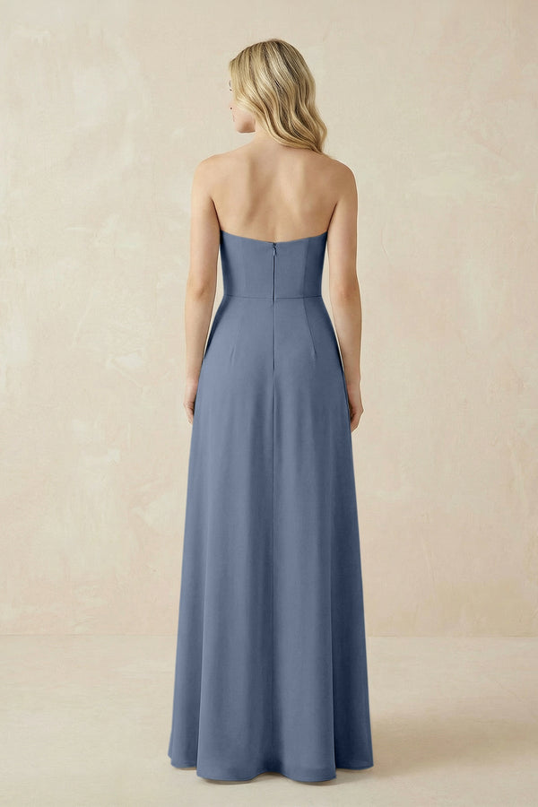 Strapless A - Line Chiffon Bridesmaid Dress With Slit in Neptune - KissProm Bridesmaid Dresses