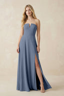 Strapless A - Line Chiffon Bridesmaid Dress With Slit in Neptune - KissProm Bridesmaid Dresses
