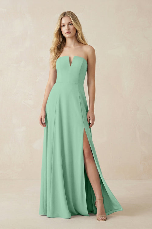 Strapless A - Line Chiffon Bridesmaid Dress With Slit in Pale Pistachio - KissProm Bridesmaid Dresses