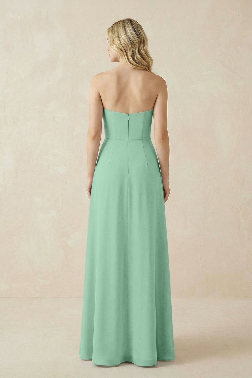 Strapless A - Line Chiffon Bridesmaid Dress With Slit in Pale Pistachio - KissProm Bridesmaid Dresses