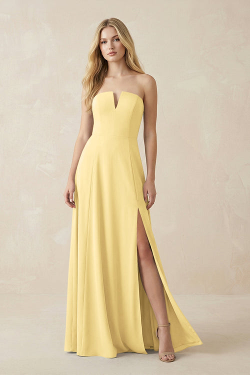 Strapless A - Line Chiffon Bridesmaid Dress With Slit in Pastel Yellow - KissProm Bridesmaid Dresses