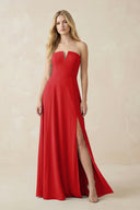 Strapless A - Line Chiffon Bridesmaid Dress With Slit in Ruby Red - KissProm Bridesmaid Dresses